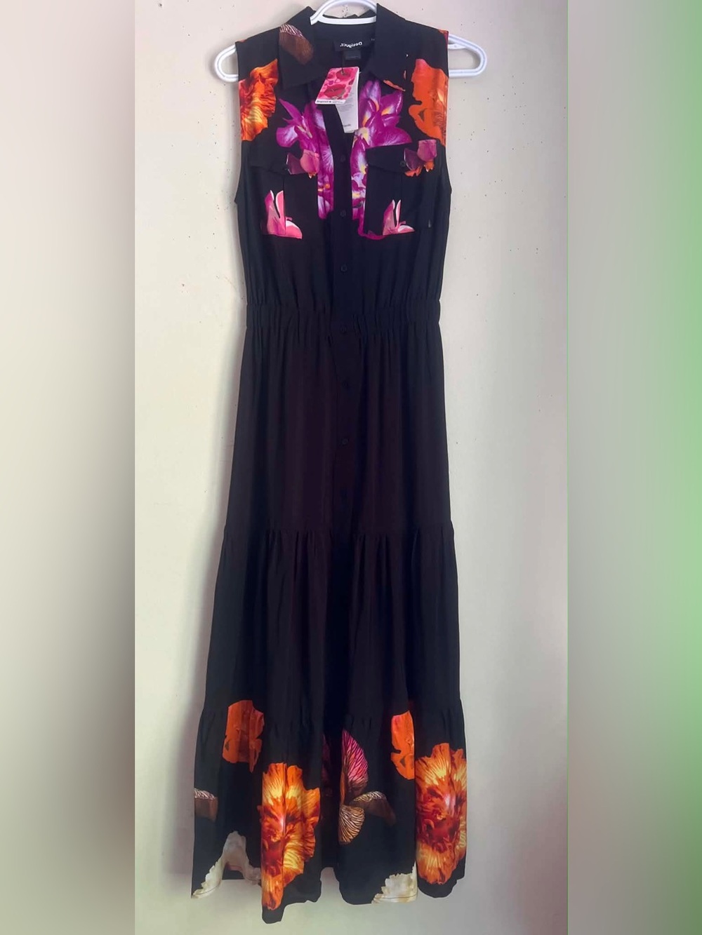 Desigual Black Maxi Dress with Pink & Orange Floral Prints